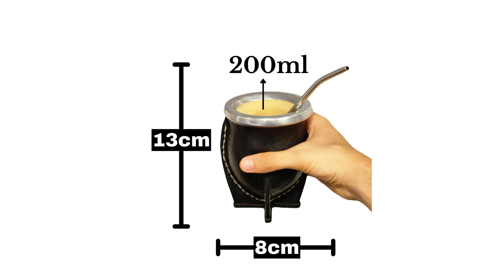 Taza Mate Argentino Premium con Interior Madera de Calabaza Natural Y Exterior Cuero Negro con Acero Inoxidable - Incluye Bombilla para Yerba Mate.