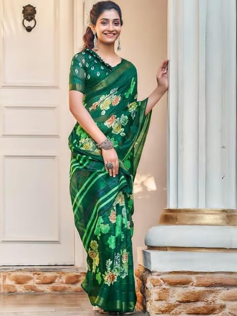 Image of SARETRA MALL Women's Cotton Printed Zari Stripe Saree With Unstitched Blouse Piece