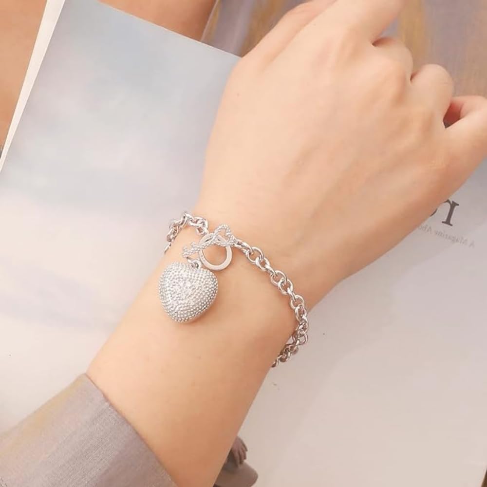 Dankadi Bracciale largo 6 mm con ornamento grande cuore scavato 2 cm e chiave luminosa, catena a maglie in argento 925, amore a cerchio con ciondolo chiave regalo di gioielli per festa elegante da