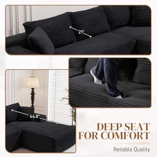 Image of 95 inch L Shaped Boneless Sectional Couches, Wide Armrest, Deep Seat, Memory Foam, Assembly Free, Modern Comfy Corduroy Fluffy Cloud Sofa with Right Chaise for Living Room, Small Spaces, Black