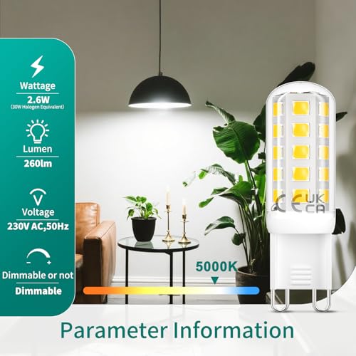 DiCUNO G9 LED Bulb Dimmable Daylight White 5000K, 30W Halogen Equivalent, 2.6W, 260LM, Energy Saving G9 LED Light Bulbs for Chandelier, Ceiling Lights, 6 Pcs - Image 4