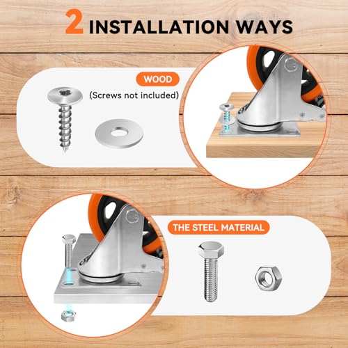 W B D WEIBIDA 4 Inch Swivel Casters with Brake Set of 4 Heavy Duty of 1200 lbs, Safety Dual Locking Plate Castors, No Noise Wheels for Furniture, Workbench and Carts(Nuts & Bolts & 2 Spanners) by W B D WEIBIDA - Image 6