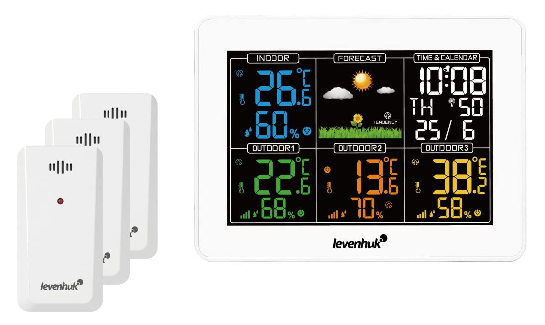 Stazione Meteo Digitale e Wireless Levenhuk Wezzer PLUS LP60 con 3 Sensori Remoti, Termometro, Igrometro, Orologio e Calendario