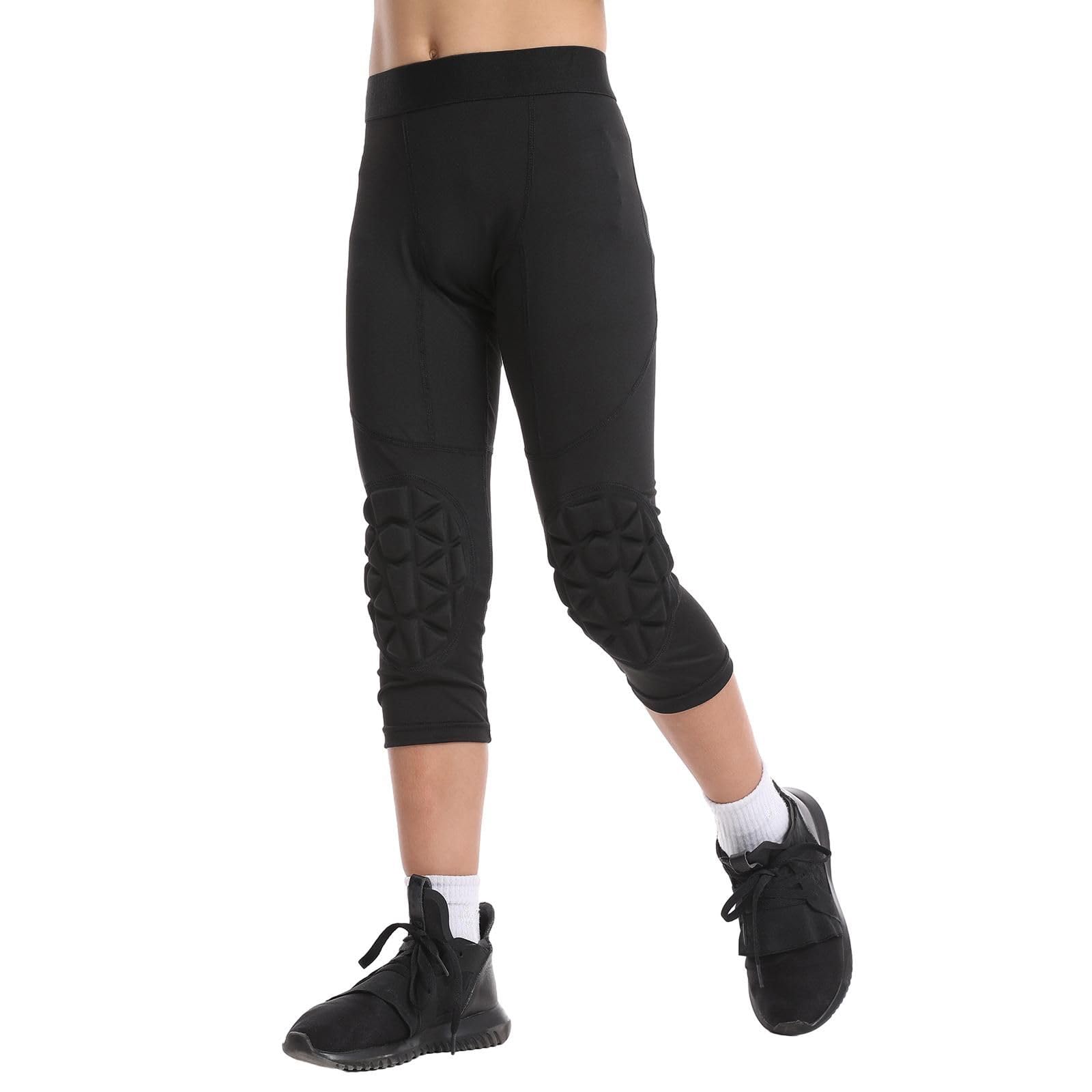 Hotfiary Pantalones de compresión para niños jóvenes con Rodilleras para Baloncesto, Leggings de fútbol Acolchados 3/4 para niños Mallas Deportivas atléticas, Pantalones Inferiores de Portero