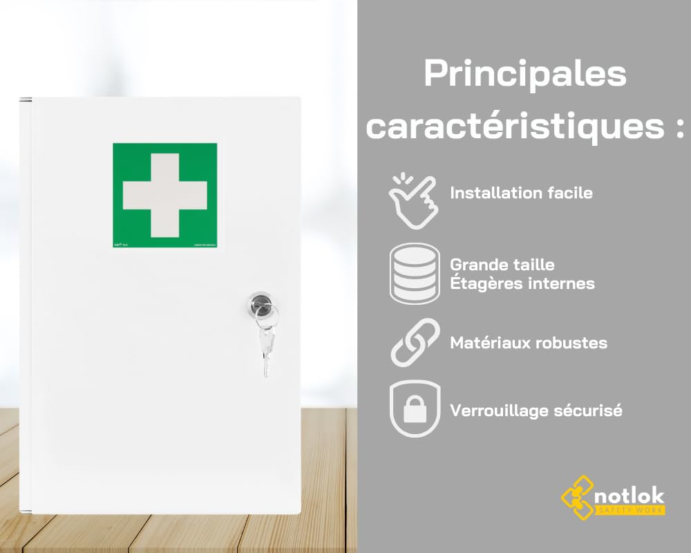 Armoire à Pharmacie Murale 39x24x11cm | Serrure + 2 Clés, 3 Compartiments, 1 Autocollant Fluorescent ISO-DIN | Pharmacie Rangement Mural, Boite Pharmacie, Meuble de Premiers Secours