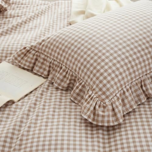 Image of Nayoroom Gingham Duvet Cover Queen Size Tan Brown Ruffle Plaid Checkered Duvet Cover 3 Pieces Soft Washed Microfiber Vintage Farmhouse Dorm Bedding Set Gifts for Women Men