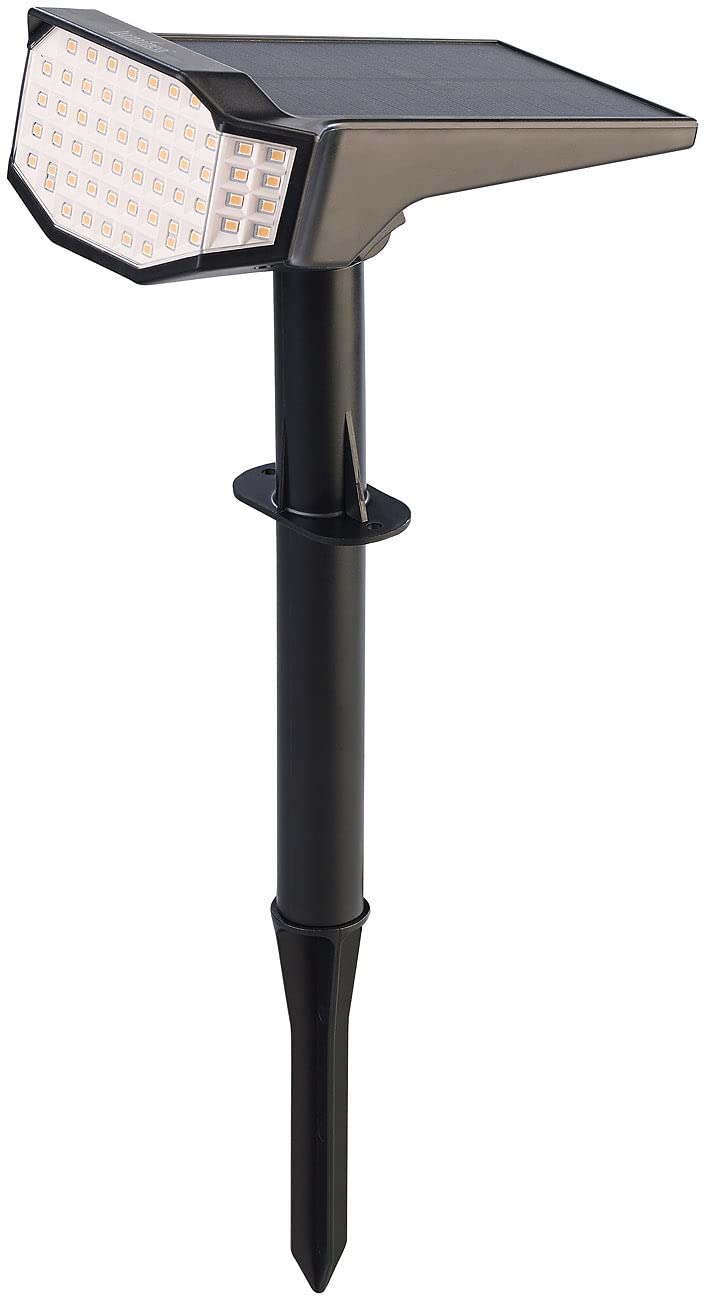 Luminea Set di 2 faretti solari da giardino a LED ad alta potenza, 650 lm, IP65, luce bianca calda (picchetto solare da giardino, illuminazione solare per terrazze, lampada da giardino)