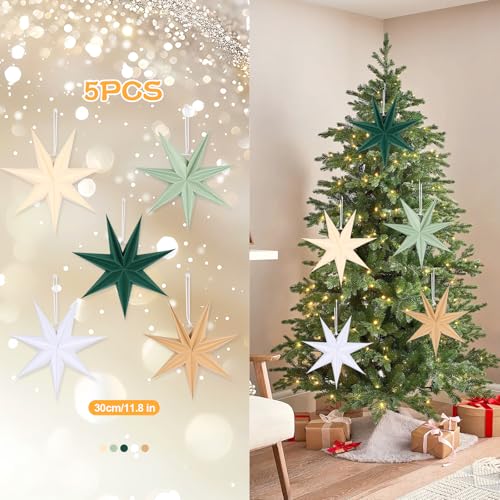 Image of 12 Inches 5 PCS Sage Green Paper Star Lanterns Hanging Stars Christmas Party Decorations Hanging Lampshade Christmas Wedding Birthday Christmas Home Party Decorations(7 Pointed)