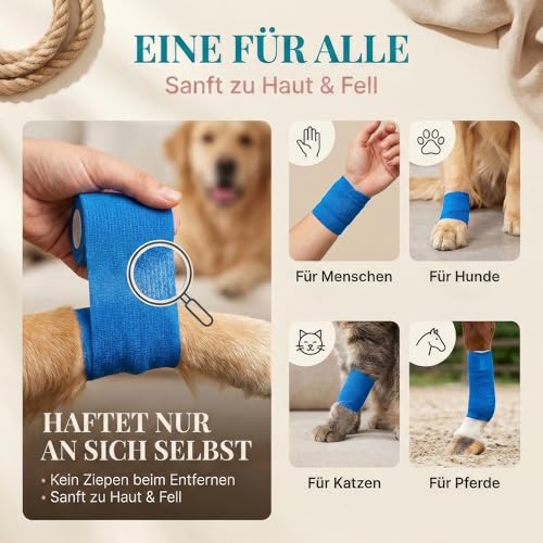 HUND IST KÖNIG selbstklebender Verband, elastische Binde 12x4,7m selbsthaftende Bandage, Haftbandage selbstklebend für Mensch & Tier, Fixierbinde - selbsthaftender Verband selbstklebend, Bandagen