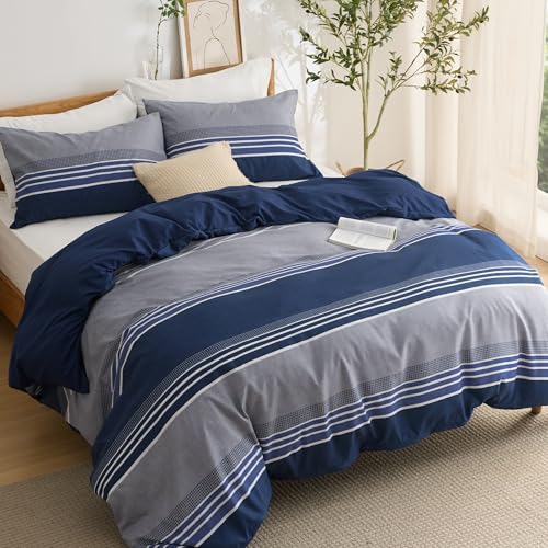 Bedsure Funda Nordica Cama 150   Juego de Cama Reversible de Poliéster Oeko Tex, Funda de Edredón 220x230 cm y 2 Almohada 50x75 cm, Nórdica con Cremallera, Rayas Azules, Azul