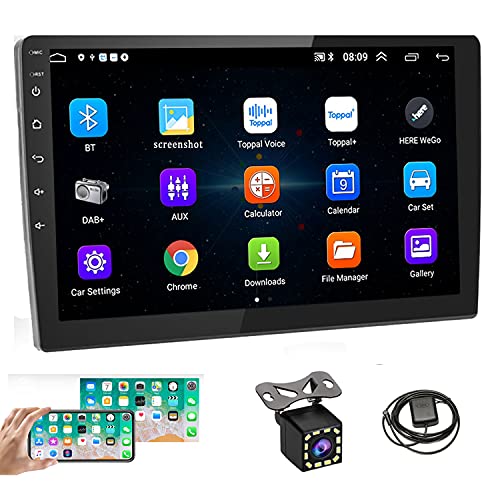 UNITOPSCI Double Din 10.1 Inch Android Car Stereo with GPS Bluetooth 2.5D HD Touch Screen Multimedia Stereo in Dash Head Unit Support WiFi FM Radio Dual USB Mirror Link Car MP5 Player + Backup Camera