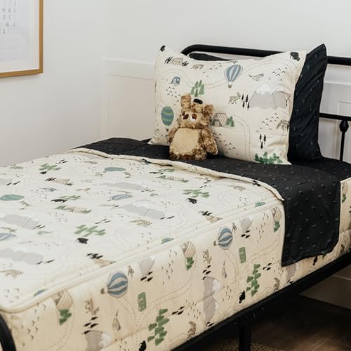 Image of Beddy's Adventure & Wildlife Theme Durable Zipper Bedding for Kids,Bed in a Bag,Cream Comforter & Charcoal Sheets with Outdoor Explorer Design - Includes Pillowcase & Sham - Easy to Make & Wash - Twin