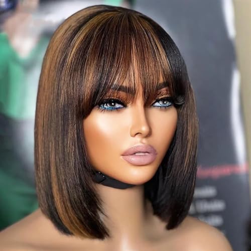 Ombre highlight 1b/30 10 Inch Yaki Straight Bob Wig with Bangs Human Hair Glueless HD Lace 2.5x1 Bob Wig for women