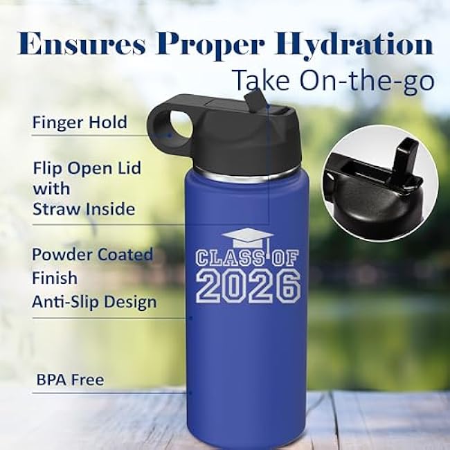 Class of 2026 Senior Grad Insulated Stainless Steel Water Bottle with Flip Top Lid & Straw Graduation Gift Tumbler 18 oz. (R. Blue)
