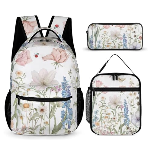Bluebonnets Phalaenopsis Butterflies Insect Backpack Shoulder Bags Lunch Bag Pencil Case Box 3 Set Daypack Cute