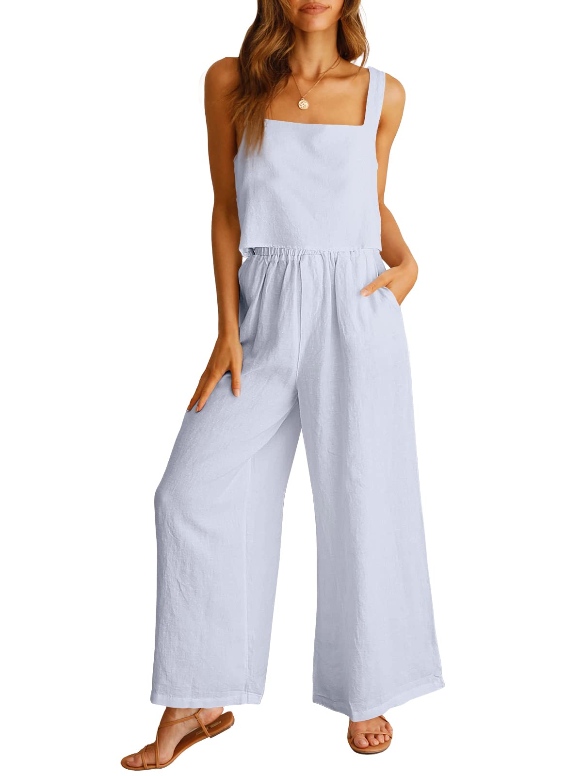 ANRABESS Women's 2 Piece Outfits Linen Pants Jumpsuit Matching Lounge Set Casual Summer Beach Vacation Trendy Clothes
