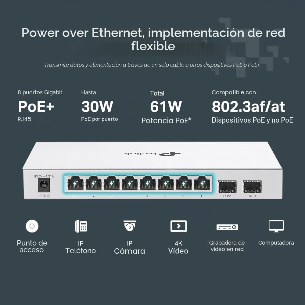 TP-Link Festa FS310GP, 10 Puertos con 8 Puertos PoE+, gestión Gratuita en la Nube, enrutamiento estático, VLAN, ACL e IGMP Snooping, Total 61 W PoE, Salida PoE de 30 W por Puerto, Interruptor PoE