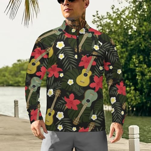 Flowers Palm Leaves Guitars Men's Rash Guard Long Sleeves Quick Dry Fishing Workout Shirts with Zipper2