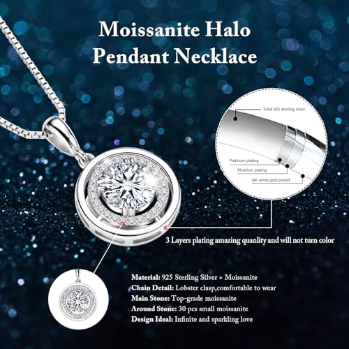 Moissanite Necklace for Women, 1-3CT Halo Round lab-created Imitation Diamond Pendant Necklaces, 925 Sterling Silver Hypoallergenic Jewelry for Anniversary Birthday Valentines Gift2