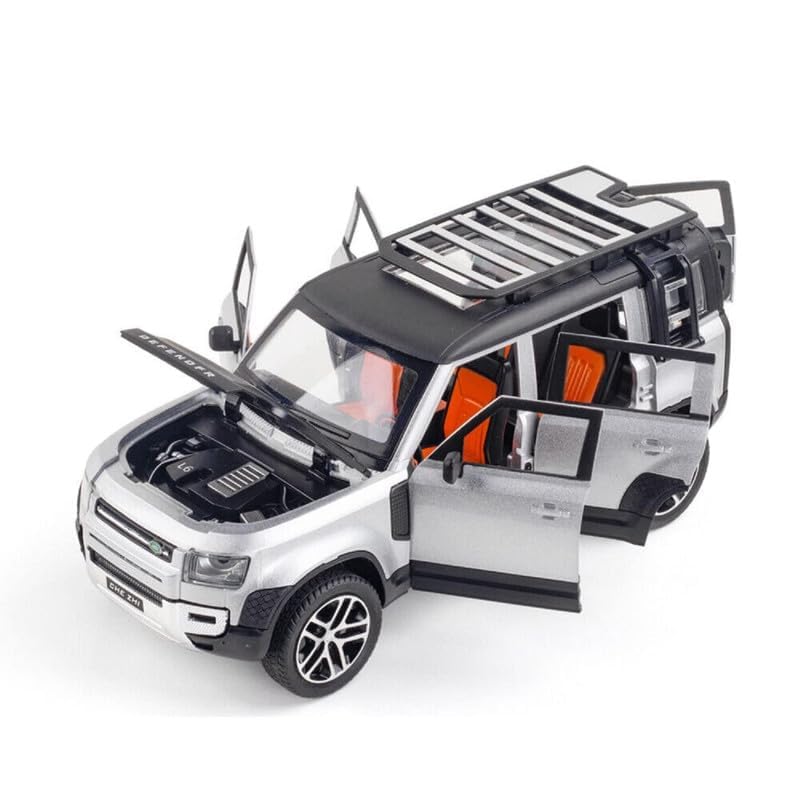 Image of 1:24 Land Rover Defender Alloy Diecast Model Car, Pull Back Vehicle with Openable Doors, Sound & Light Effects, Toy for Kids, for Car Enthusiasts and Collectors. (Silver)