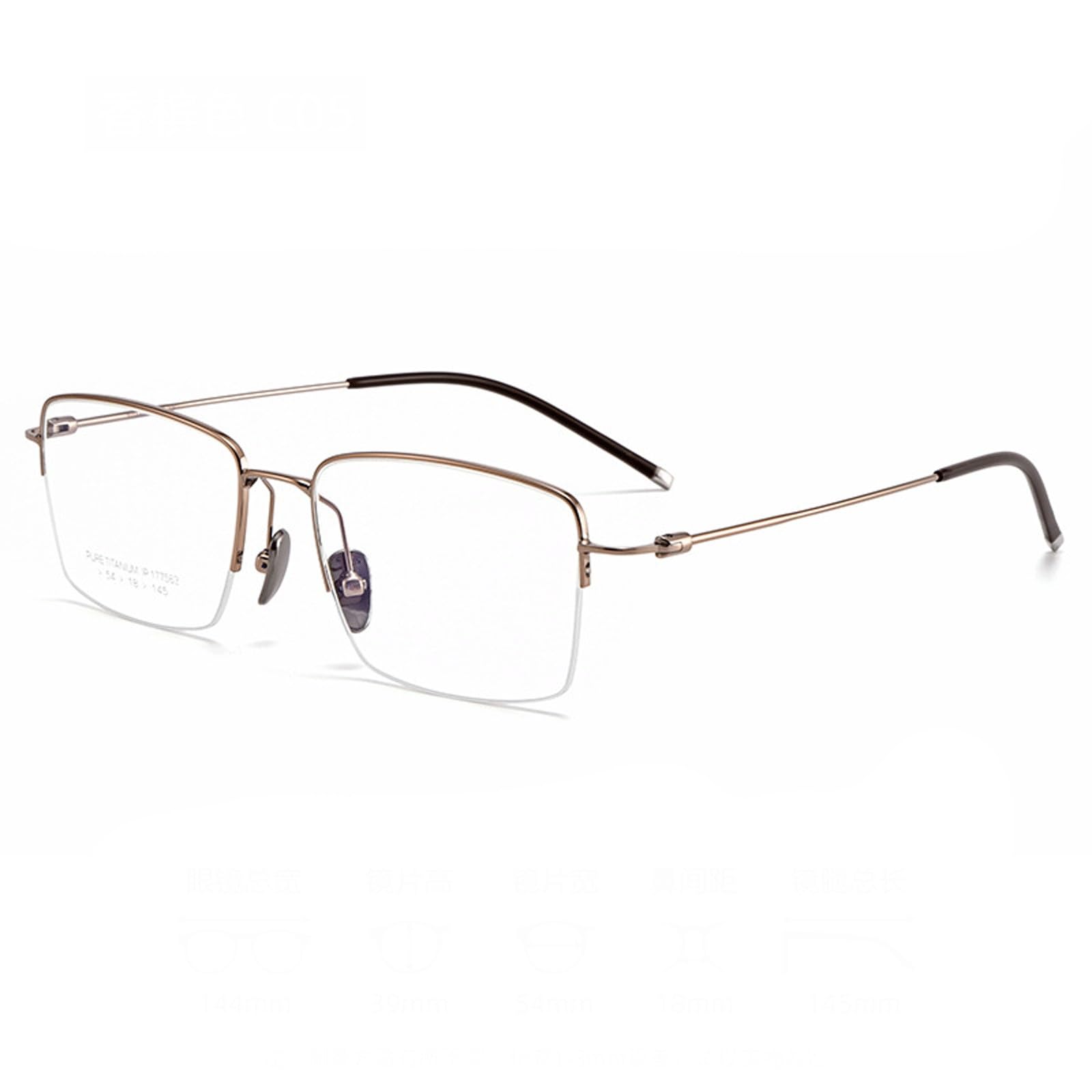Monturas de Gafas de Negocios, Gafas de Media Montura for Ordenador, Gafas sin Receta de Titanio Puro, diseño de Bloqueo de Alambre Dorado(Champagne)