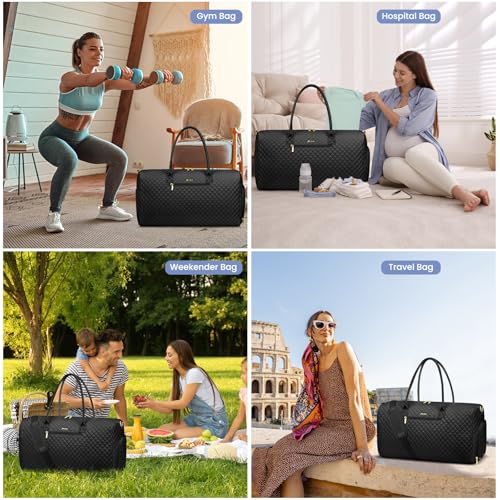 Image of Women Weekender Travel Duffle Bag: Travel Duffel Overnight Bags with Shoe Compartment Large Carry on Tote with Toiletry Bag Weekend Traveling Yoga Gym Hospital Bag for Women with Wet Pocket Black