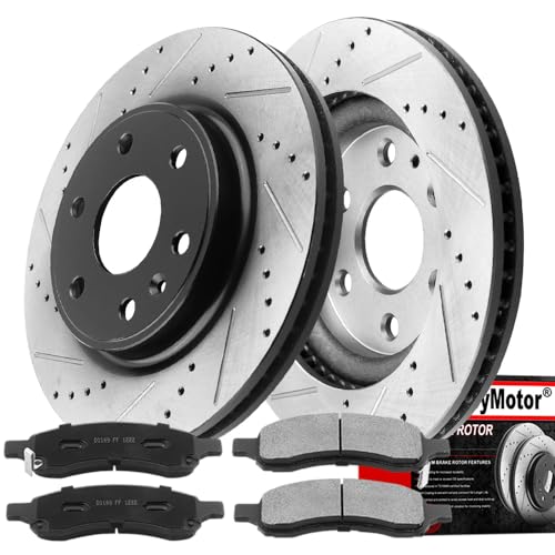 Image of MotorbyMotor 325mm Front Brake Kit Rotors and Brake Pads Fits for Buick Enclave, Chevy Traverse, GMC Acadia (Limited), Saturn Outlook Drilled & Slotted Disc Brake Rotor & Ceramic Pad 55150, 120.66069