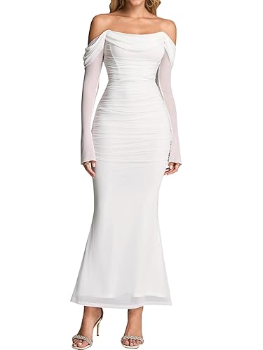KUTUMAI Off Shoulder Long Sleeve Maxi Dress Corset Bodycon Ruched