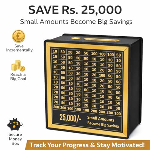 Image of Dr.MASHUR Wooden Money Saving Challenge Box with Printed Amount Board for Cash and Coin Collection, Reusable Saving Box for Kids and Adults (25k Money box-2pc, 2, Count)