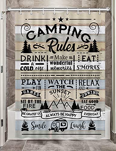 DYNH Camper RV Shower Curtain for Travel Trailer Bathroom Farmhouse Camping Rules Quote Small Narrow Shorter Fabric Shower Curtains Set Happy Camp Outdoor Decor Accessories with Hooks 47X64