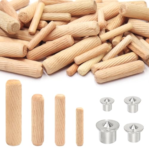 GYSRXS 500 Pieza Surtido de Tacos de Madera M6/M8/M10/M12 Redondos Espigas de Madera con 4 Pasadores de Centrado Tacos para Los Muebles Ranurados de la Maderas Dura