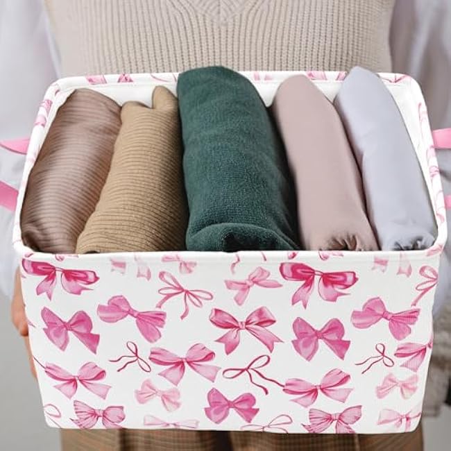 2Pcs Bow Rectangle Storage Basket 15 x 10.2 x 9.4 Inch Pink Bowknot Foldable Open Toy Organizer Bag with Handle Coquette Large Laundry Dirty Cloth Storage Bin for Bedroom Shelves Closet