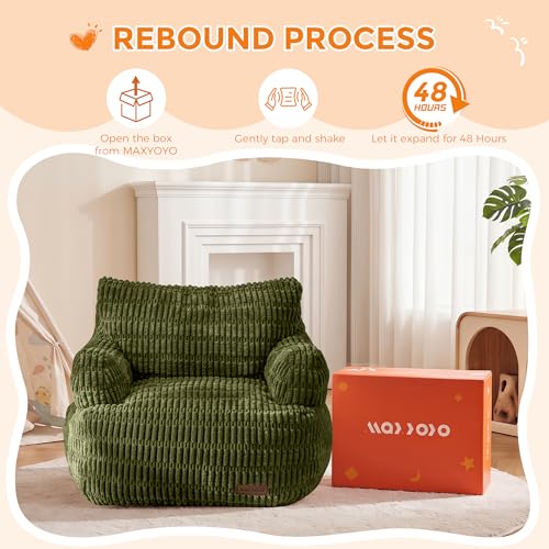 Image of MAXYOYO Kids Bean Bag Chair, Stuffed Toddler Bean Bag Sofa with Filler | Bean Bag Chair for Boys and Girls, Boho Striped Fabric Lazy Sofa with Pocket Floor Chair for Gaming, Reading, Dark Green