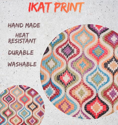 Image of LaVichitra Cotton Table Placemat | Dining Table Mat | Bed Side Table Mat | Cotton Round Shape Placemats | Washable PlaceMat for Shelves & Plant Pots - Pack of 1, Ikat Print