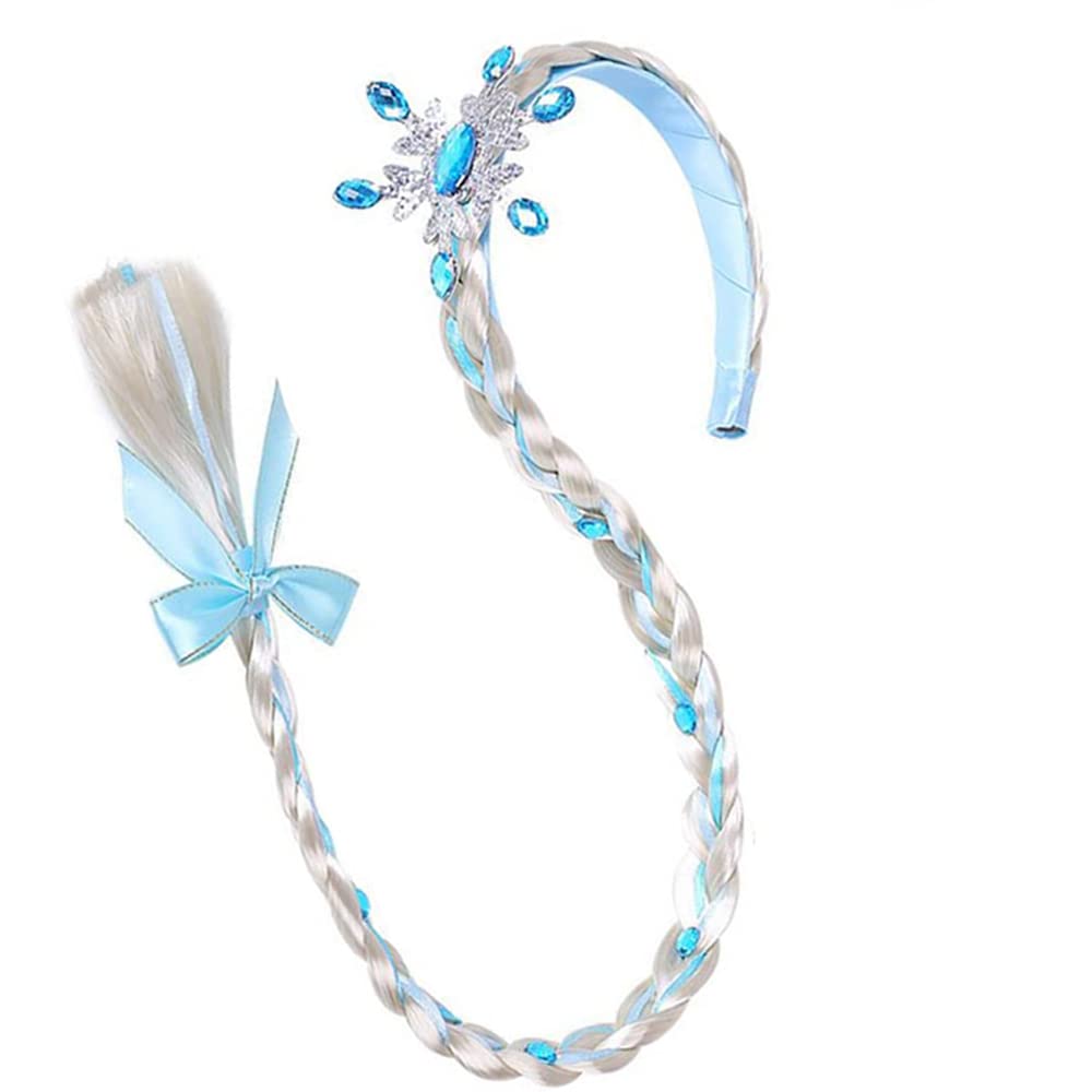 Princess Dress Up Braided Hair Headband, Sparkly Blue Snowflake Long Tail Wig, Princess Hairpiece Halloween Costume, Toddlers Girls Cosplay Birthday Hair Accessories