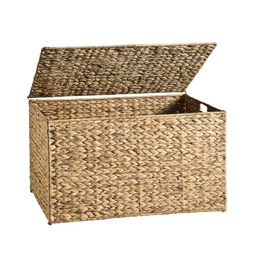 MOORLITER Water Hyacinth Storage Basket with Lid, 42.3 Gallon (160L) Wicker Storage Trunk with Handles, Handwoven Wicker Storage Bin for Blanket, Foldable, for Living Room, Laundry Room, Natural