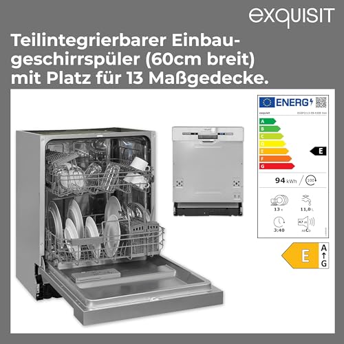 Exquisit PLUS Einbaugeschirrspüler | 13 Maßgedecke, Energieklasse E, 47 dB(A) | vollintegriert, 7 Programme, Eco, Intensiv, Kurz, Extra-Trocknung, Startzeitverzögerung | EGSP2113-EB-030E inox