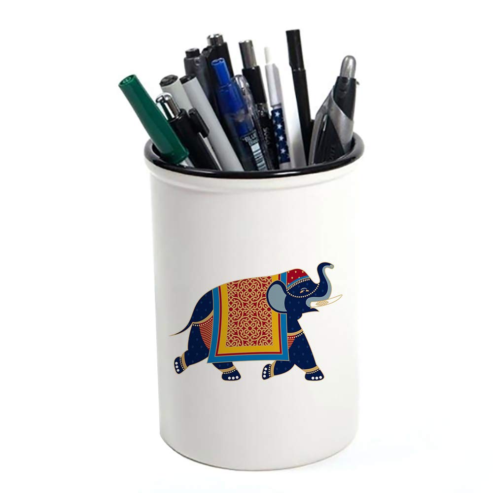 Wevow Traditional Retro Indian Elephant Oriental Ethnic Pattern Vintage Colourful Decorative Desk Tidy Accessories Pen Pot Pencil Pot Makeup Pot Birthday Gift.