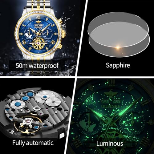 Image of OUPINKE Watch for Men Skeleton Self Winding Mechanical Automatic Luxury Dress Black Wrist Watch Waterproof Luminous Tungsten Sapphire Crystal