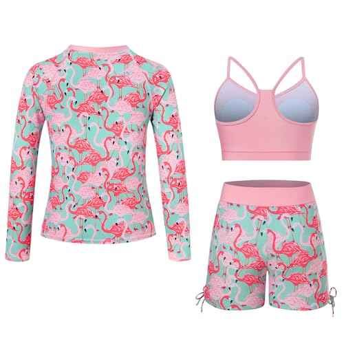 Image of Funnycokid Girls Swimsuit 3 Pieces Zip Rash Guard Bathing Suits Set Kids Bikini Boyshort Summer Swimwear 3-14 Years