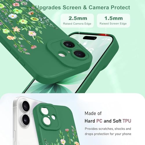 Image of Designed for iPhone 17 Case Flower for Women Girls, Green | Cute Floral Pattern Liquid Silicone Phone Case [Full Camera Protection] Slim Soft TPU Protective Cover