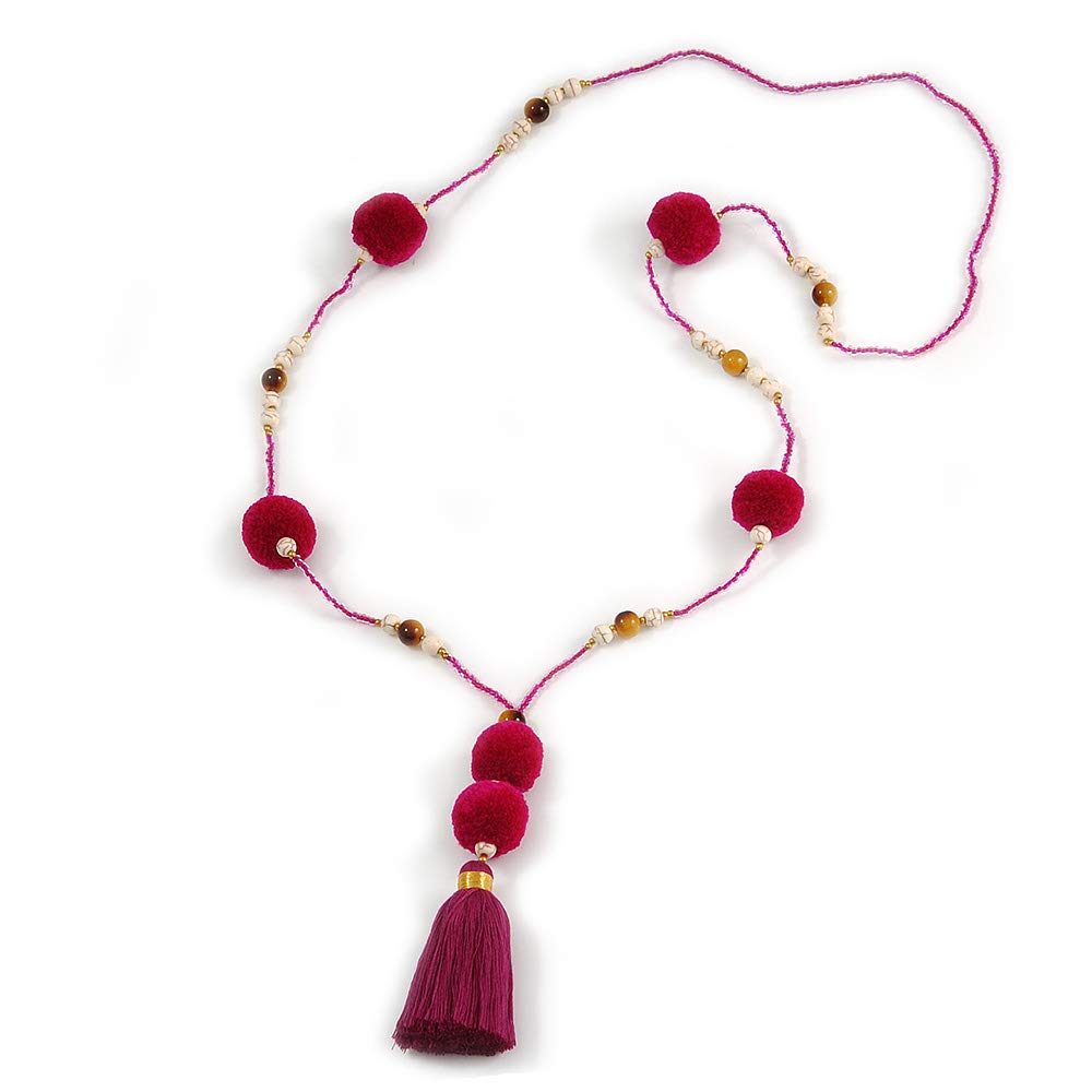 Avalaya Collana Lunga Boho Con Perline Di Vetro Fucsia E Viola - Con Pompon E Nappa, 88 Cm