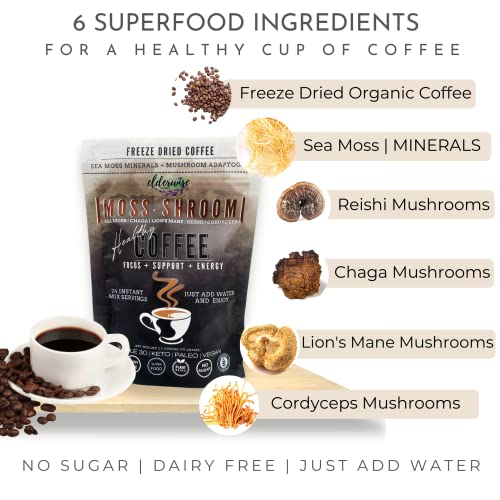 Elderwise Organics Coffee with Mushrooms & Sea Moss - Lion's Mane, Chaga, Reishi & Cordyceps - 24 Servings - Healthy Coffee - Freeze Dried Instant - Chemical free - Fair Trade - Image 5
