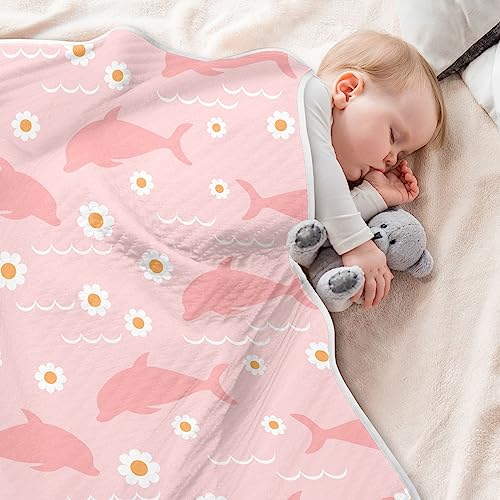 Image of Swaddle Blanket for Pink Dolphins Floral Baby Receiving Blanket Muslin Baby Swaddles Soft Cotton Breathable Nursery Blankets for Unisex Boys and Girls 30x40 Inch