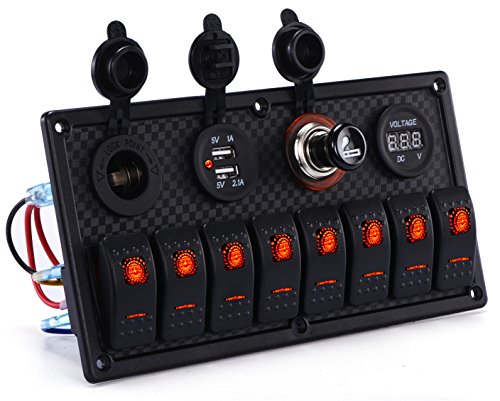 MKING 6 Gang / 8 Gang Circuit LED Car Marine Waterproof Boat Rocker Switch Panel with Fuse Dual USB Slot LED Light Power Socket Breaker Voltmeter for RV Car Boat (RED/Green/Blue) - Thumbnail 6