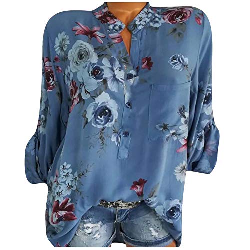 Bluse Damen T-Shirt Große Größen Damen Bluse Kurzarm/Langarm Blume Drucken Shirt Tunika Sommer Oberteil Tops Revers Hemd Frauen Casual Blusenshirt Oversized