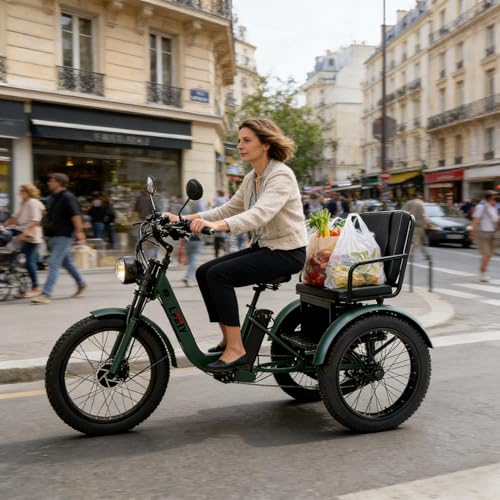 Triciclo Eléctrico para Adultos 750W, Bicicleta Eléctrica con Pedaleo Asistido 3 Ruedas, 7 Velocidades, Cesta de Carga, Frenos Doble Disco, Ideal para Ciudad,Compras y Trayectos Diarios Green