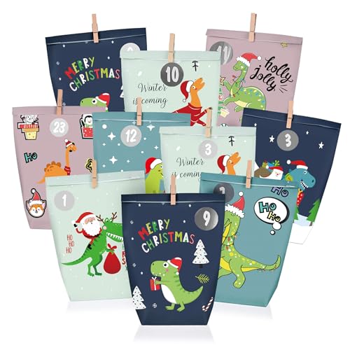 adventskalender zum Befüllen, 24 Weihnachtskalender Geschenk Papiertüten Groß zum Selber Befüllen,Motiv Farbenfroher Dinosaurier ,Kraftpapiertüten Advents Tüten Selbstbefüllen für Kinder & Erwachsene