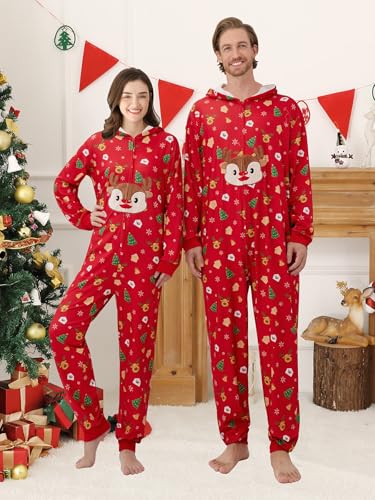 ESHOO Christmas Matching Pajamas for Couples Men Women Stripe Plaid Hooded One Piece Pjs Elk Santa Full Zipper Loungewear3