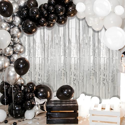 Image of 2 Pack Silver Foil Fringe Curtains Streamers Party Decorations 3.3 x 8.2 ft, Tinsel Curtain Fringe Backdrop for Parties, Silver Door Fringe Birthday Streamers, Photo Booth Backdrops, Party Decor